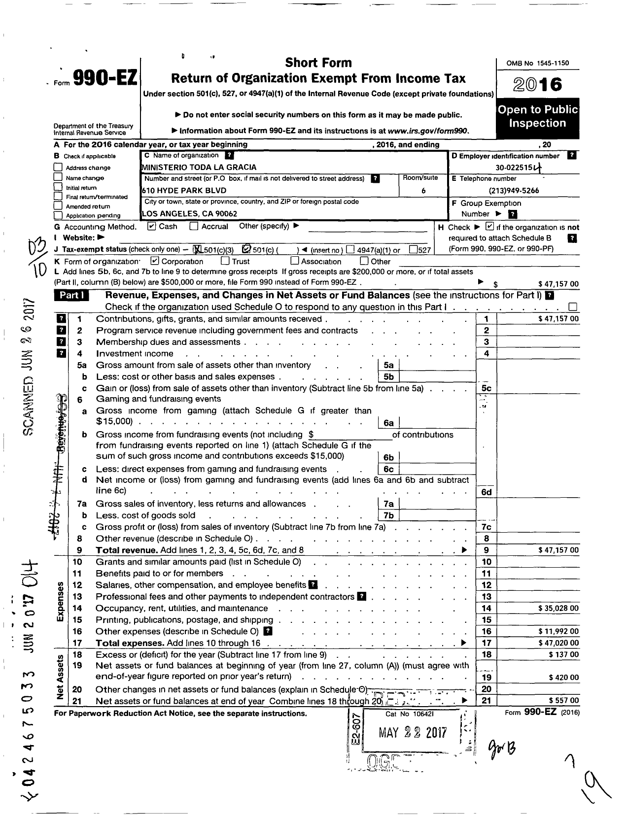 Image of first page of 2016 Form 990EZ for Ministerio Toda La Gracia