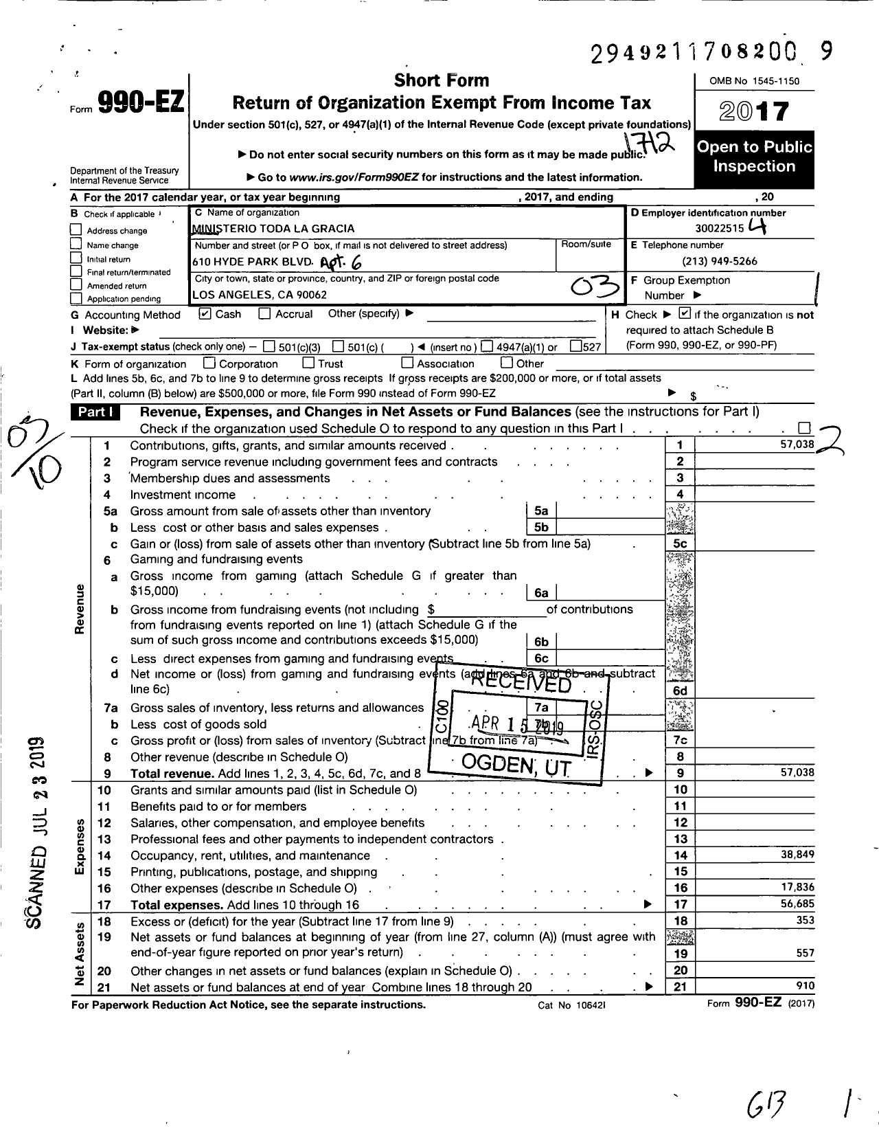 Image of first page of 2017 Form 990EZ for Ministerio Toda La Gracia