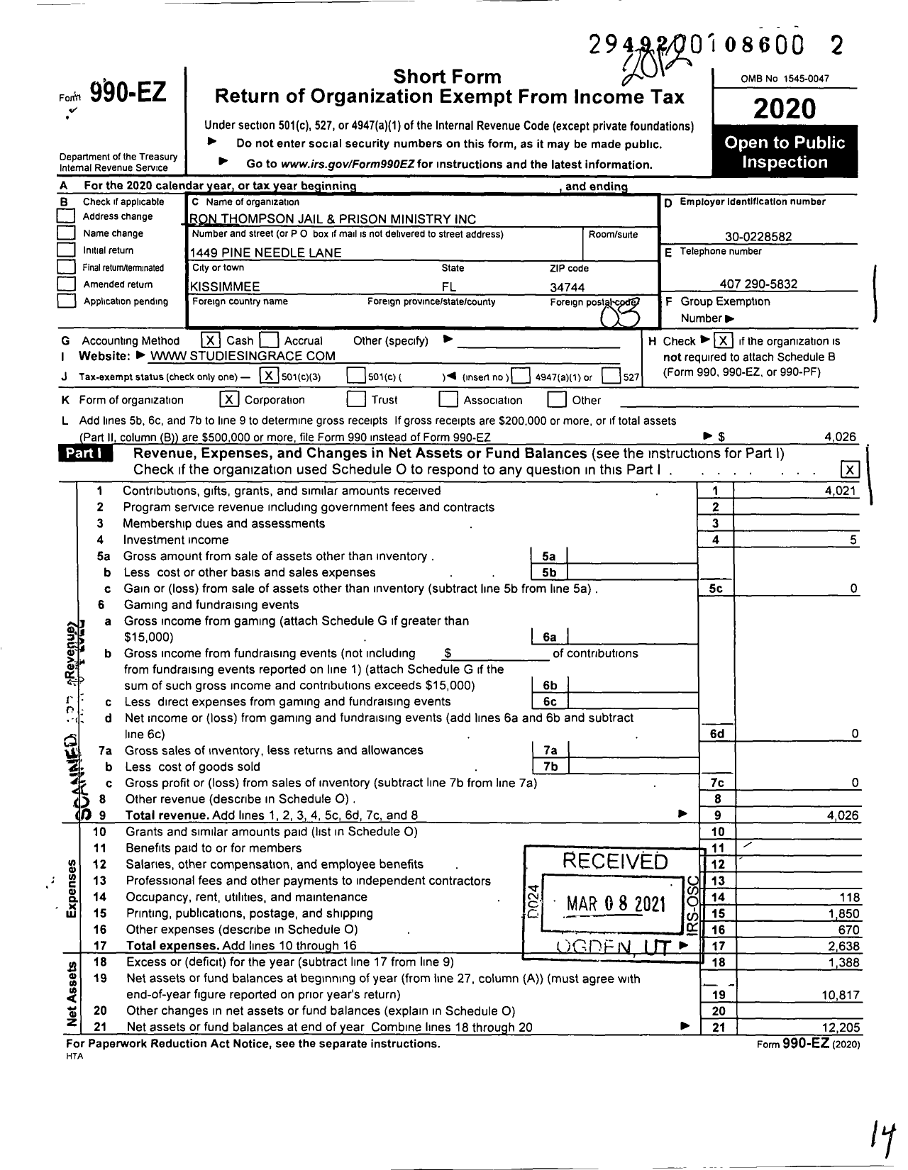 Image of first page of 2020 Form 990EZ for Ron Thompson Jail and Prison Ministry