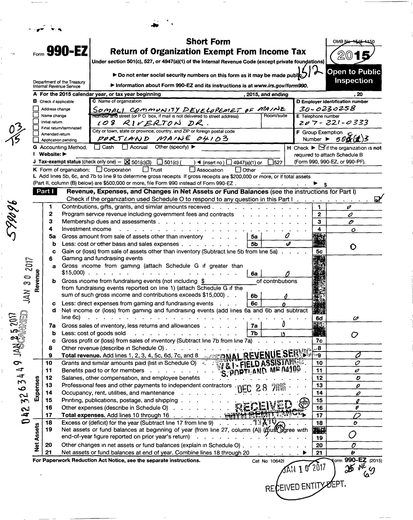 Image of first page of 2015 Form 990EZ for Somali Community Development of Maine