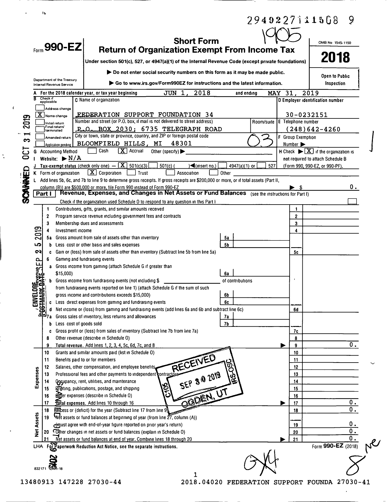 Image of first page of 2018 Form 990EZ for Robert J Levenson Family Supporting FOUNDATION