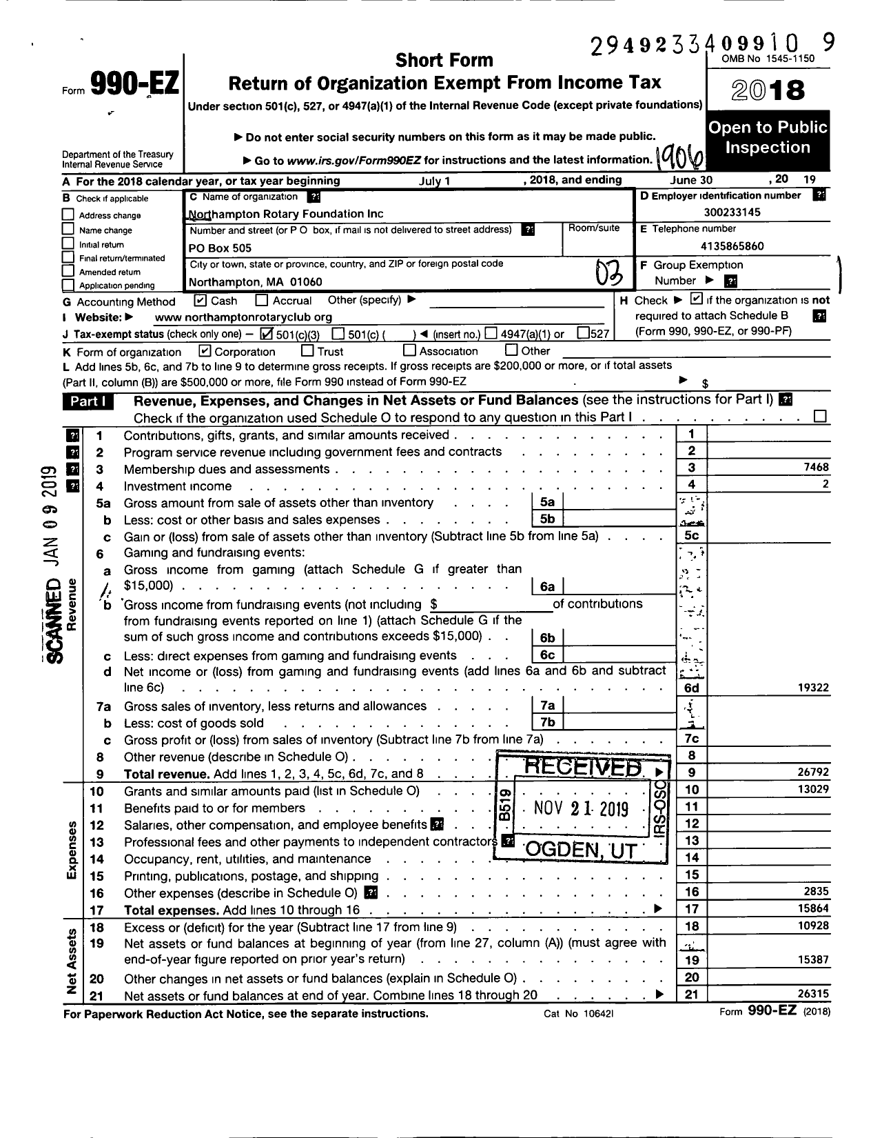 Image of first page of 2018 Form 990EZ for Northampton Rotary Foundation