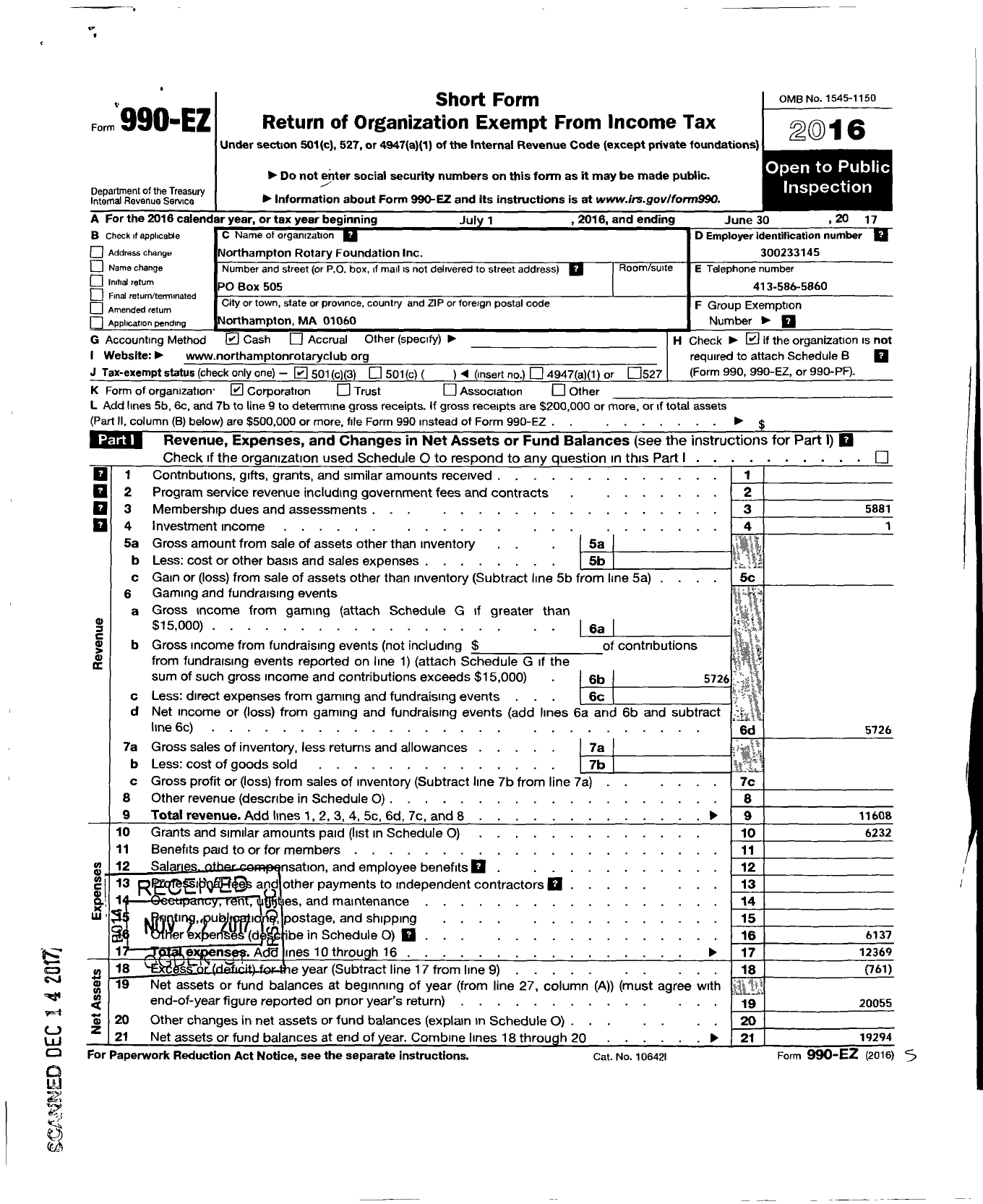 Image of first page of 2016 Form 990EZ for Northampton Rotary Foundation