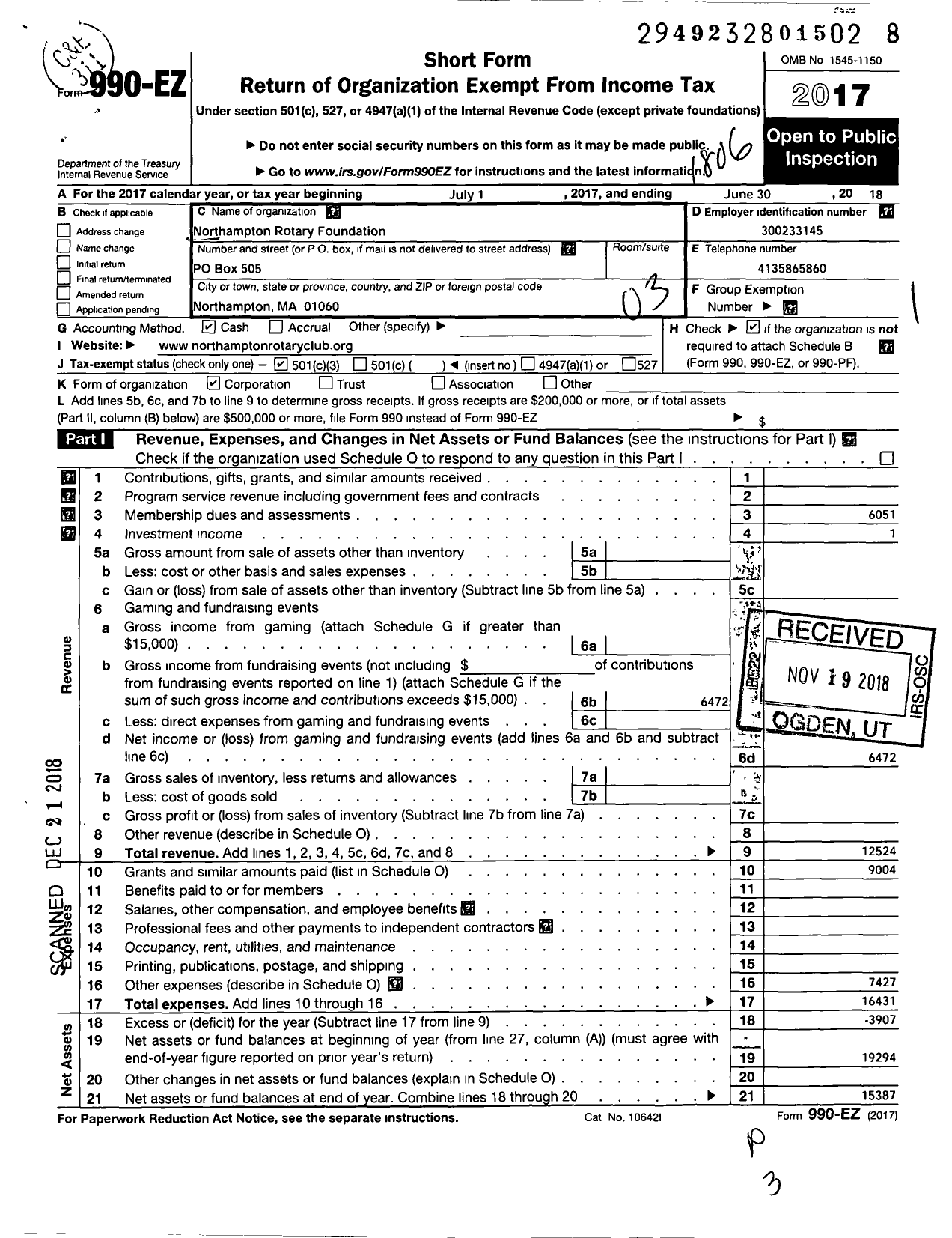 Image of first page of 2017 Form 990EZ for Northampton Rotary Foundation