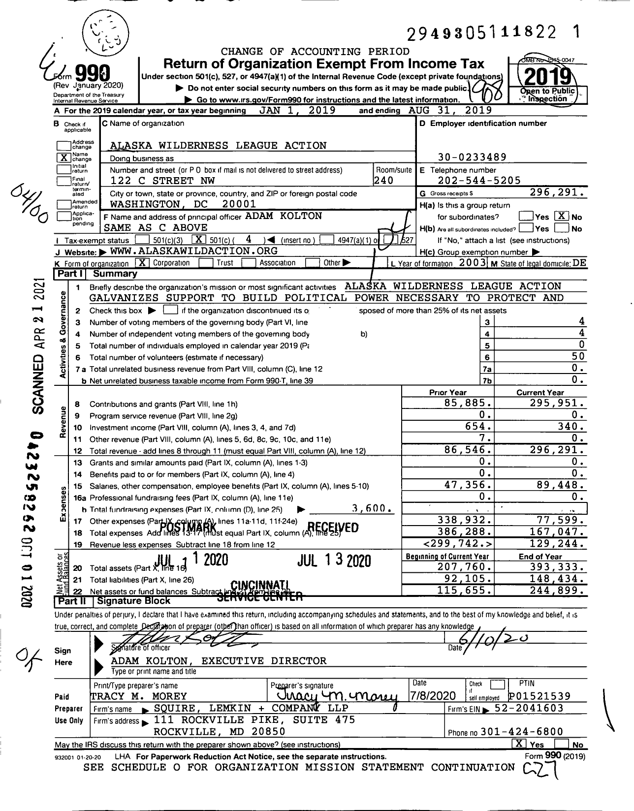 Image of first page of 2018 Form 990O for Alaska Wilderness League Action