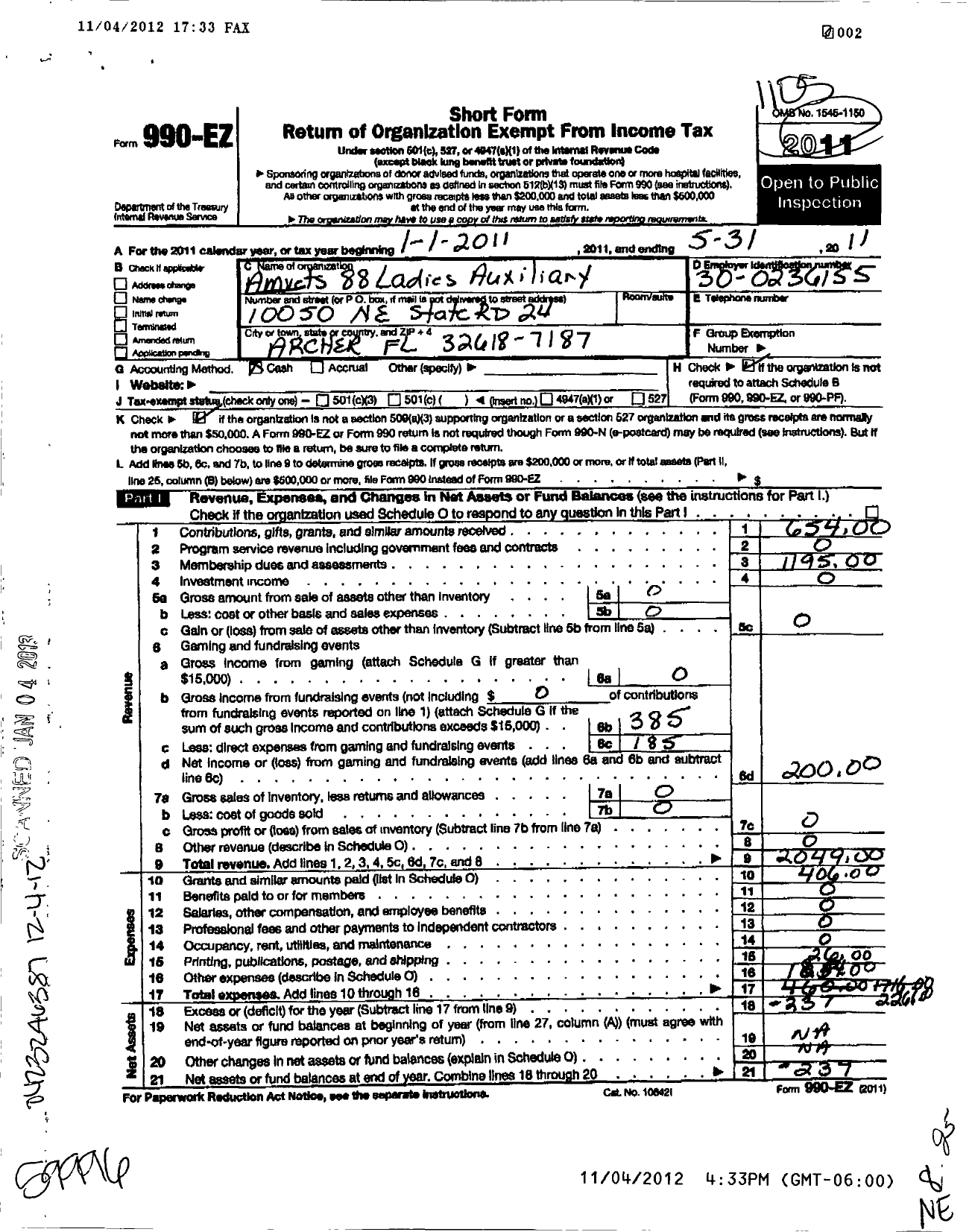 Image of first page of 2010 Form 990EO for Amvets - 88