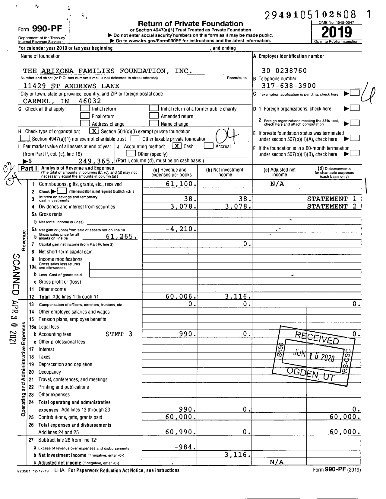 Image of first page of 2019 Form 990PF for The Arizona Families Foundation