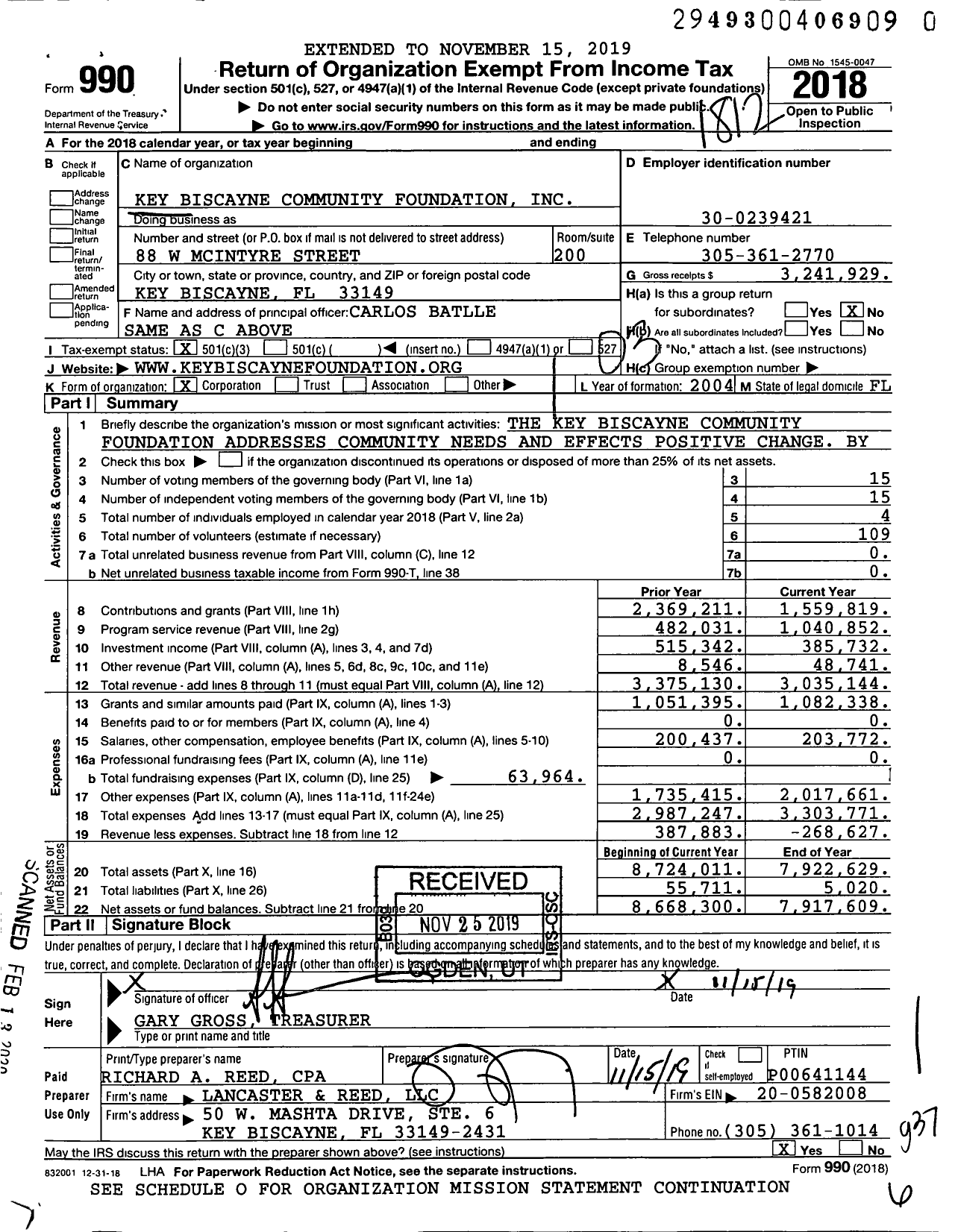 Image of first page of 2018 Form 990 for Key Biscayne Community Foundation