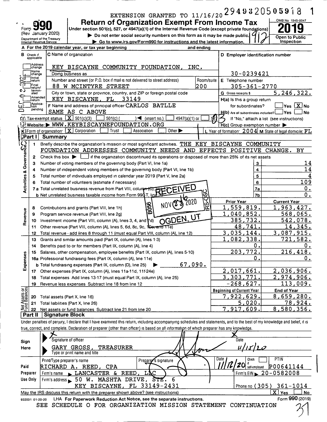 Image of first page of 2019 Form 990 for Key Biscayne Community Foundation