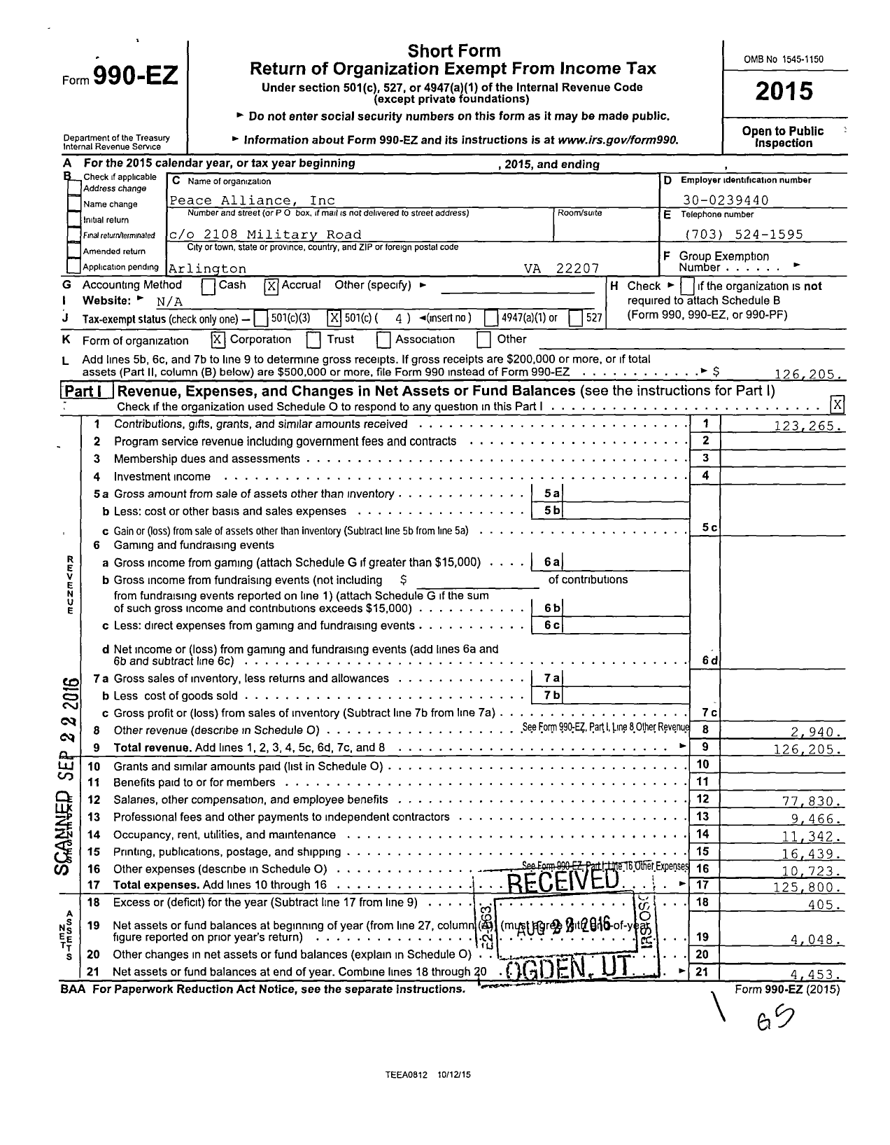 Image of first page of 2015 Form 990EO for Peace Alliance