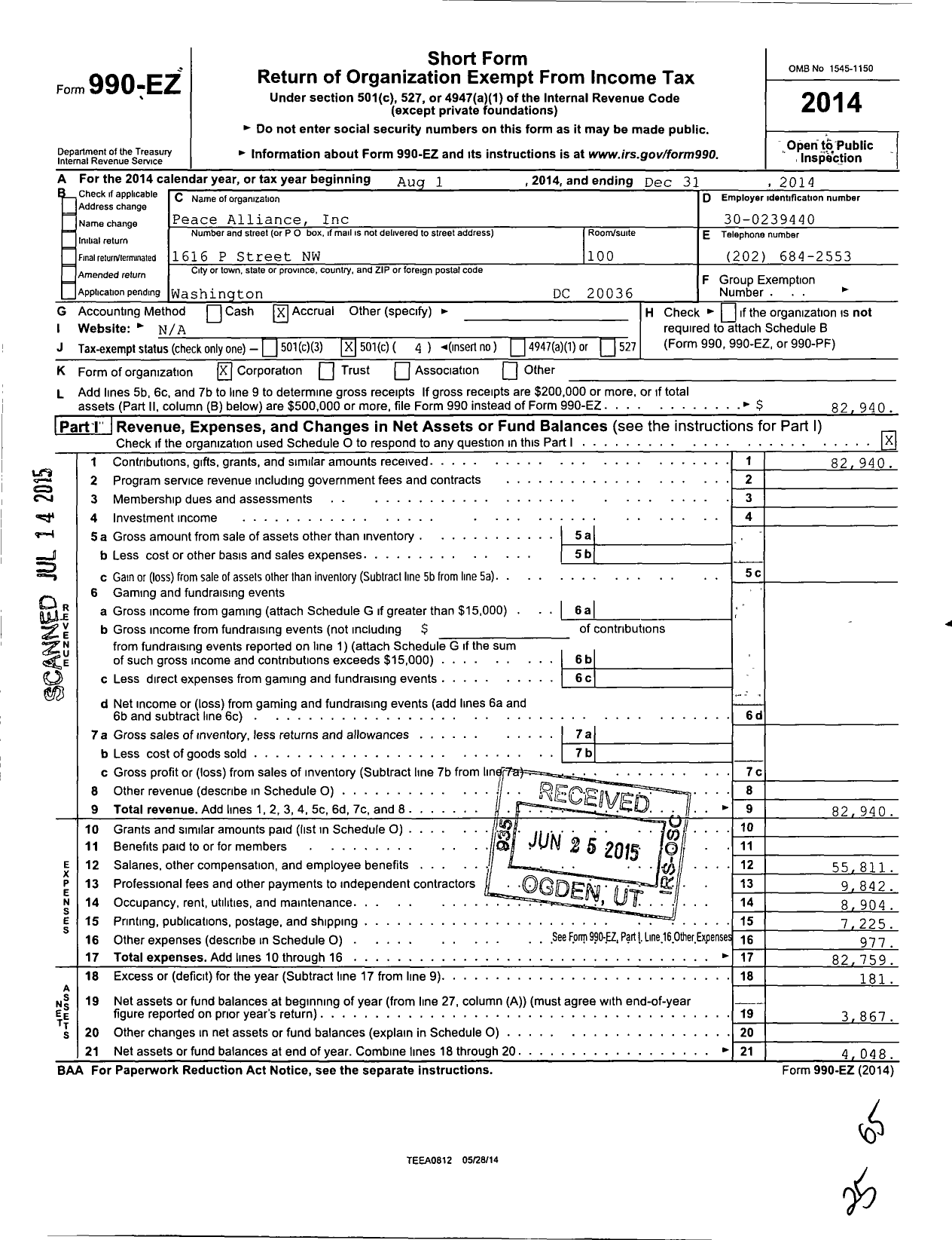 Image of first page of 2014 Form 990EO for Peace Alliance