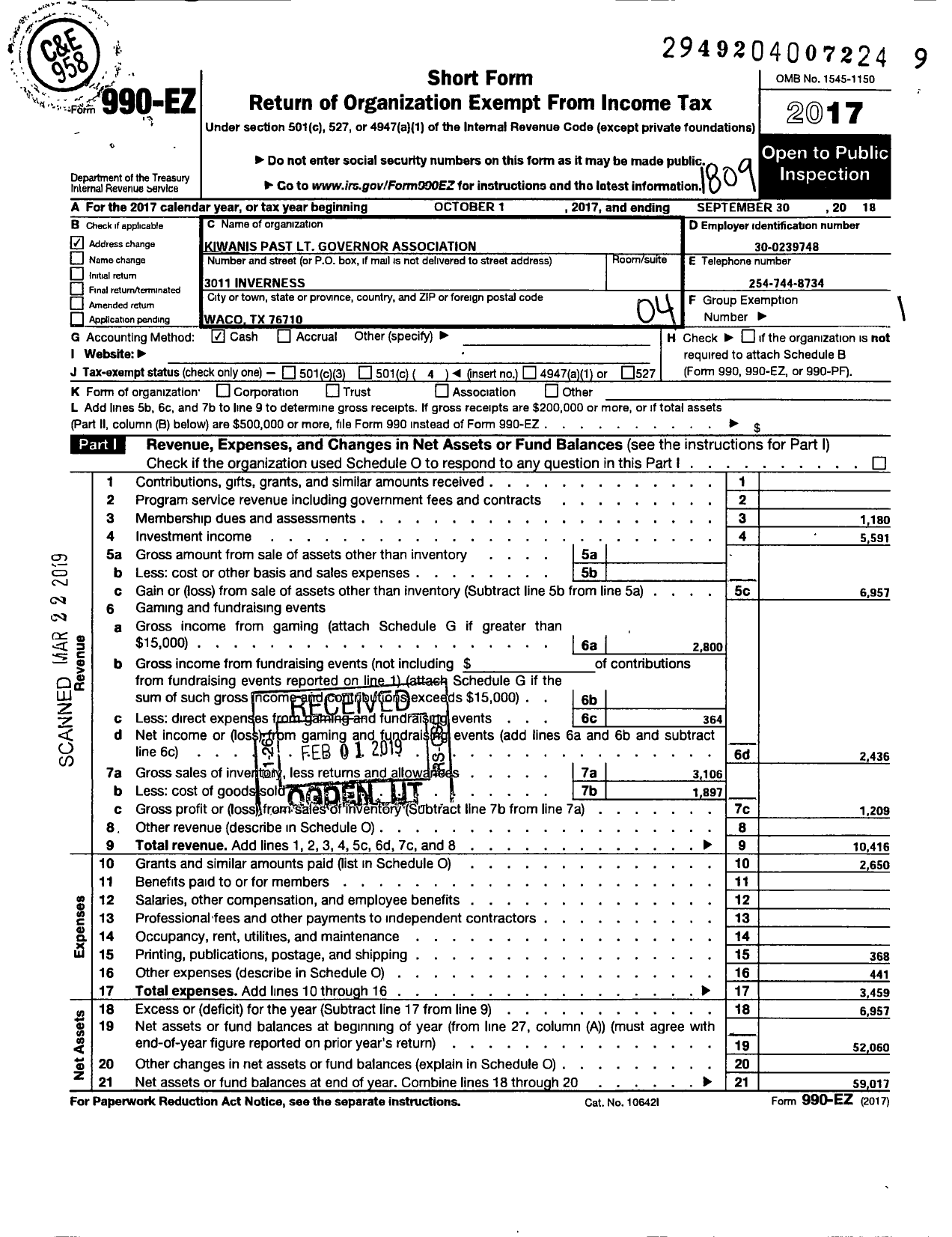 Image of first page of 2017 Form 990EO for Kiwanis Past LT Governor Association