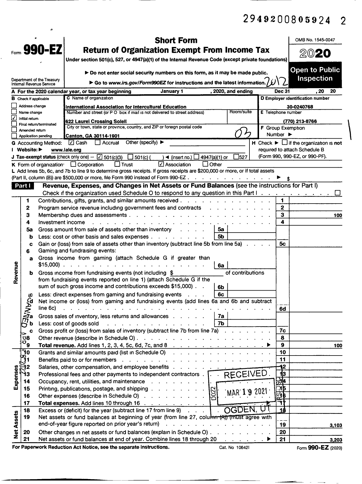 Image of first page of 2020 Form 990EZ for International Association for Intercultural Education