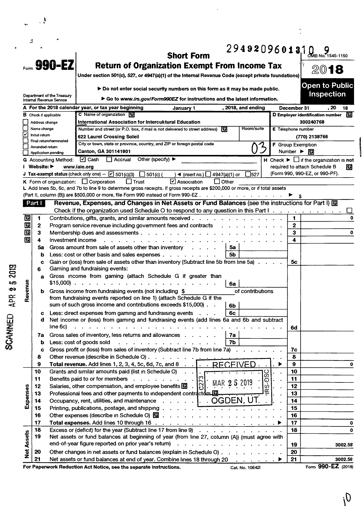 Image of first page of 2018 Form 990EZ for International Association for Intercultural Education