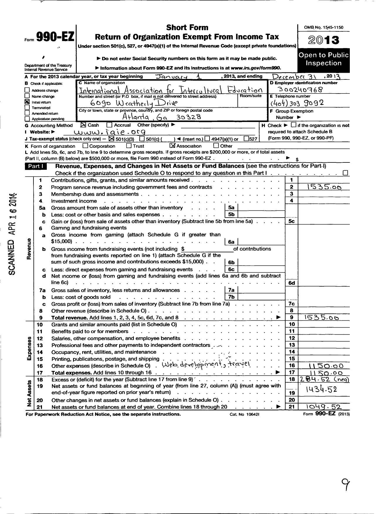 Image of first page of 2013 Form 990EZ for International Association for Intercultural Education