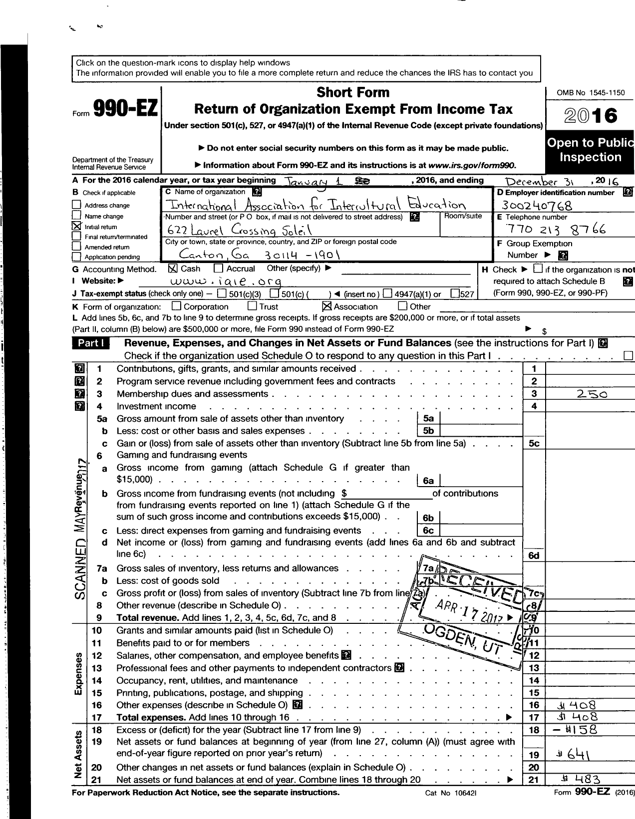 Image of first page of 2016 Form 990EO for International Association for Intercultural Education