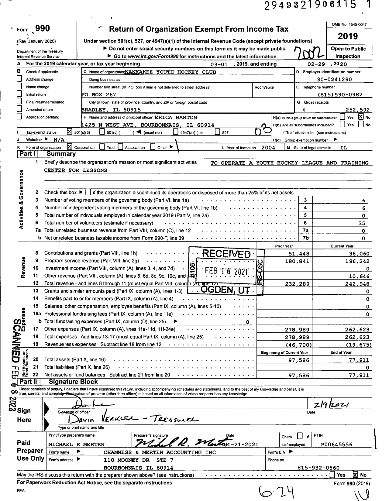 Image of first page of 2019 Form 990 for Kankakee Youth Hockey Club