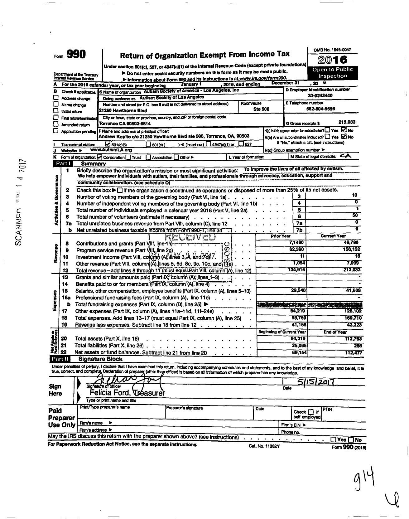Image of first page of 2016 Form 990 for Autism Society Los Angeles