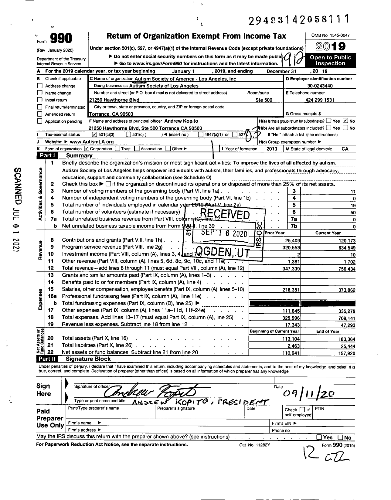Image of first page of 2019 Form 990 for Autism Society Los Angeles