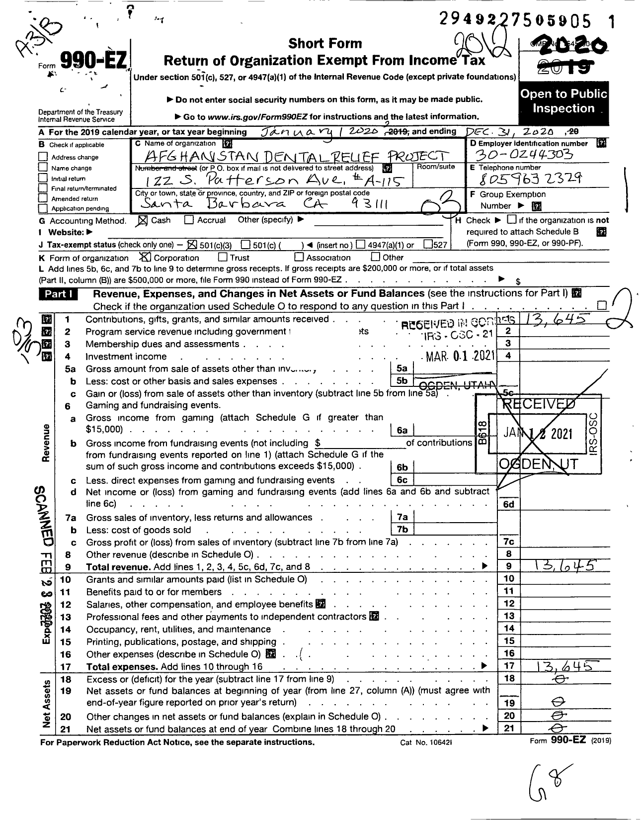 Image of first page of 2020 Form 990EZ for Afghanistan Dental Relief Project