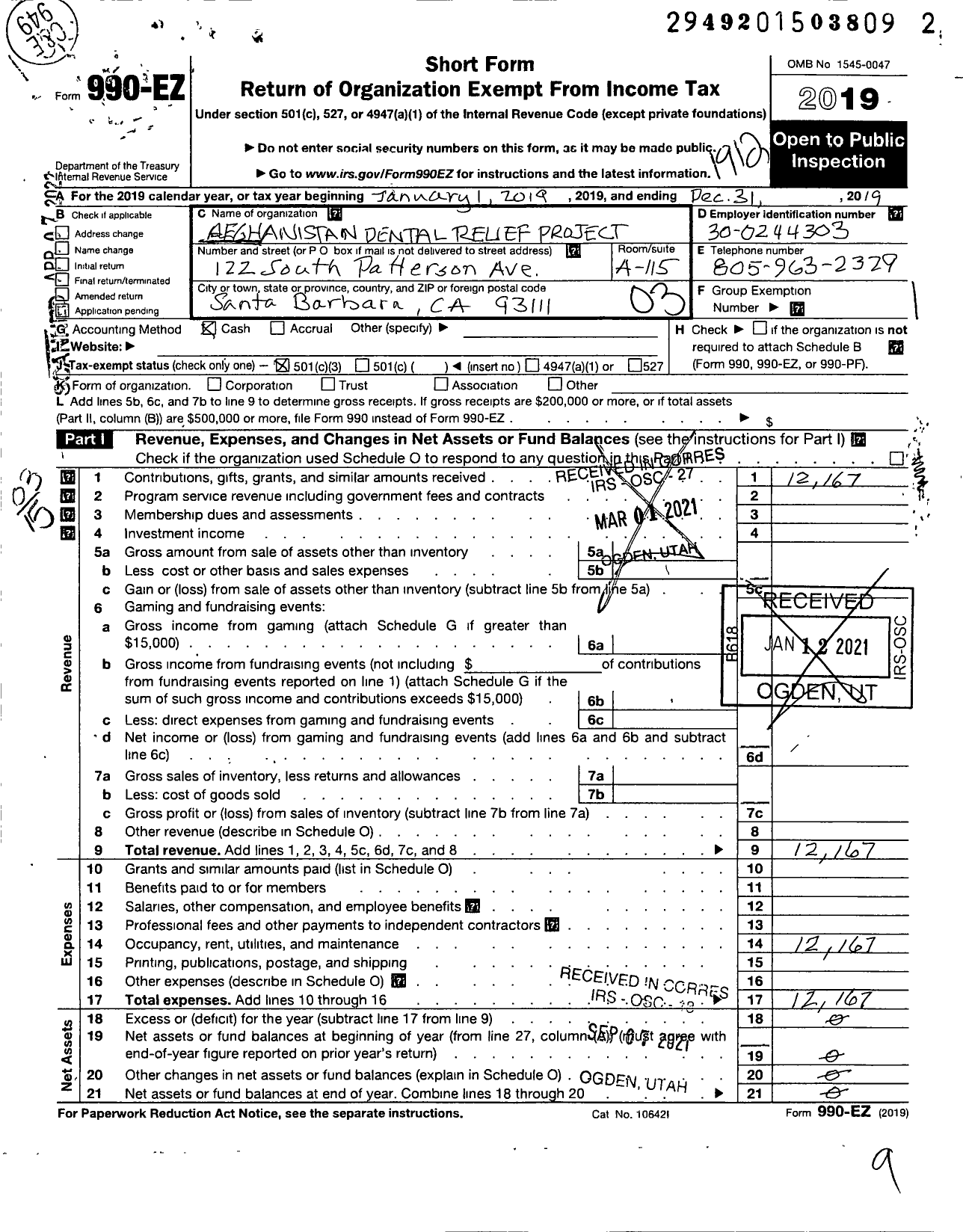 Image of first page of 2019 Form 990EZ for Afghanistan Dental Relief Project