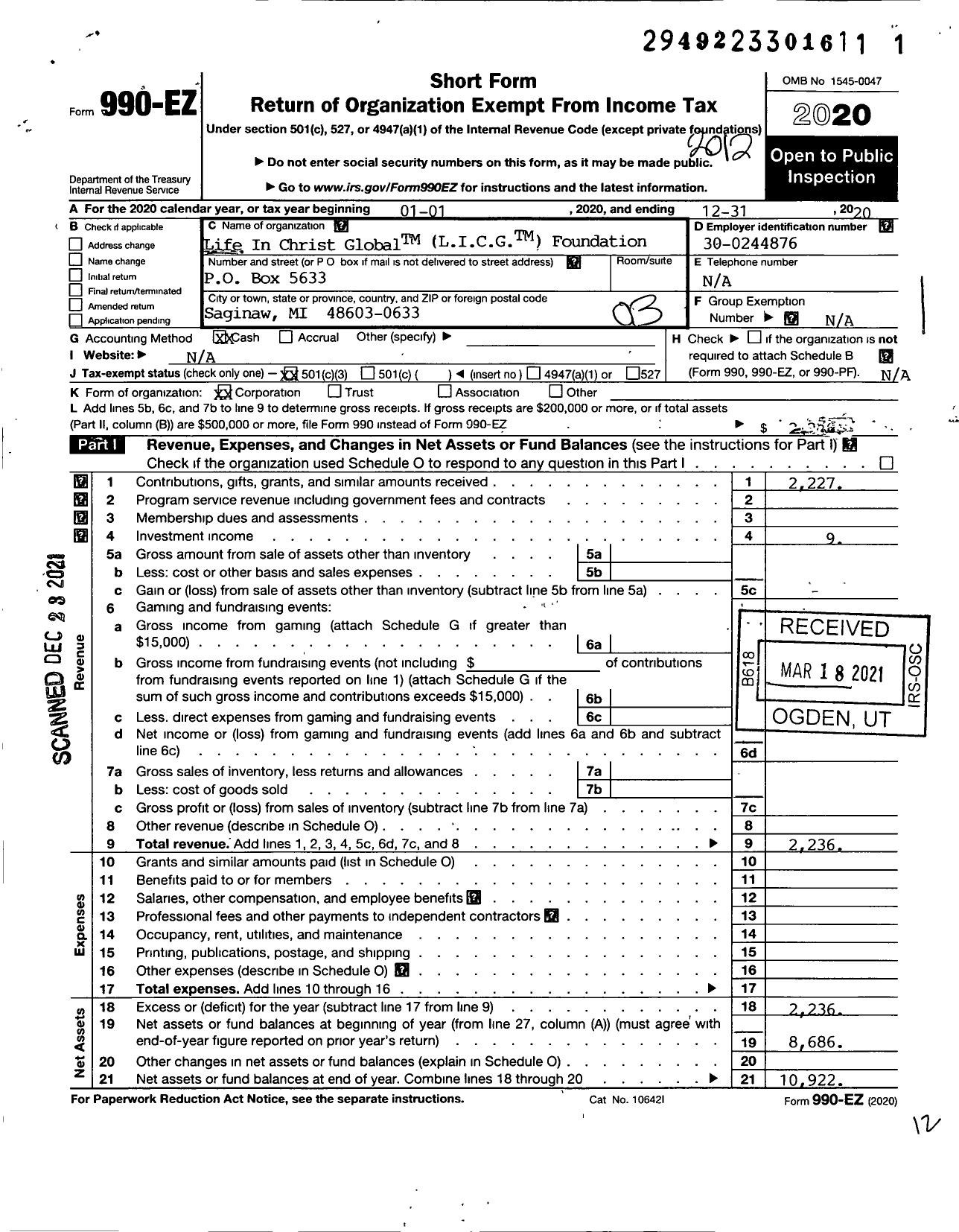 Image of first page of 2020 Form 990EZ for Life In Christ GlobalTM