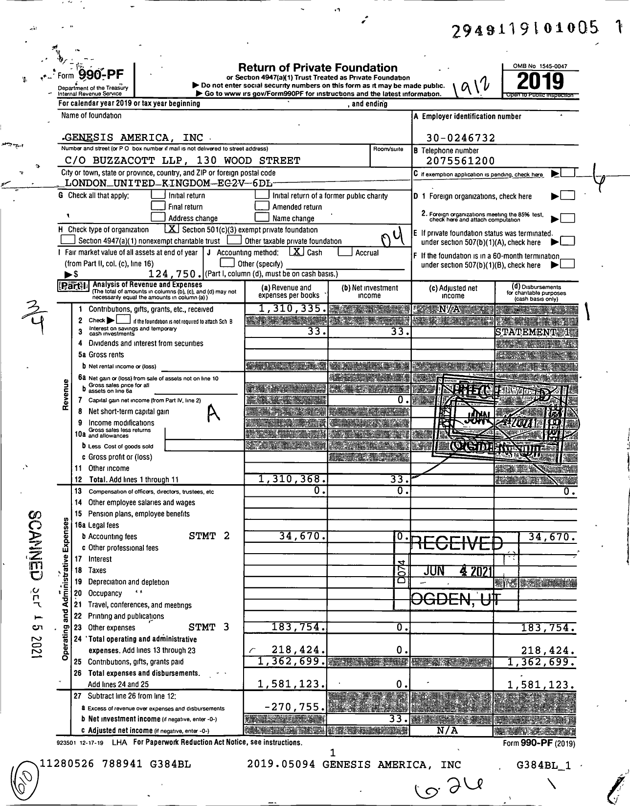 Image of first page of 2019 Form 990PF for Genesis America