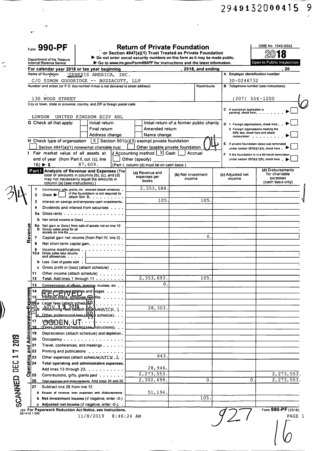 Image of first page of 2018 Form 990PF for Genesis America