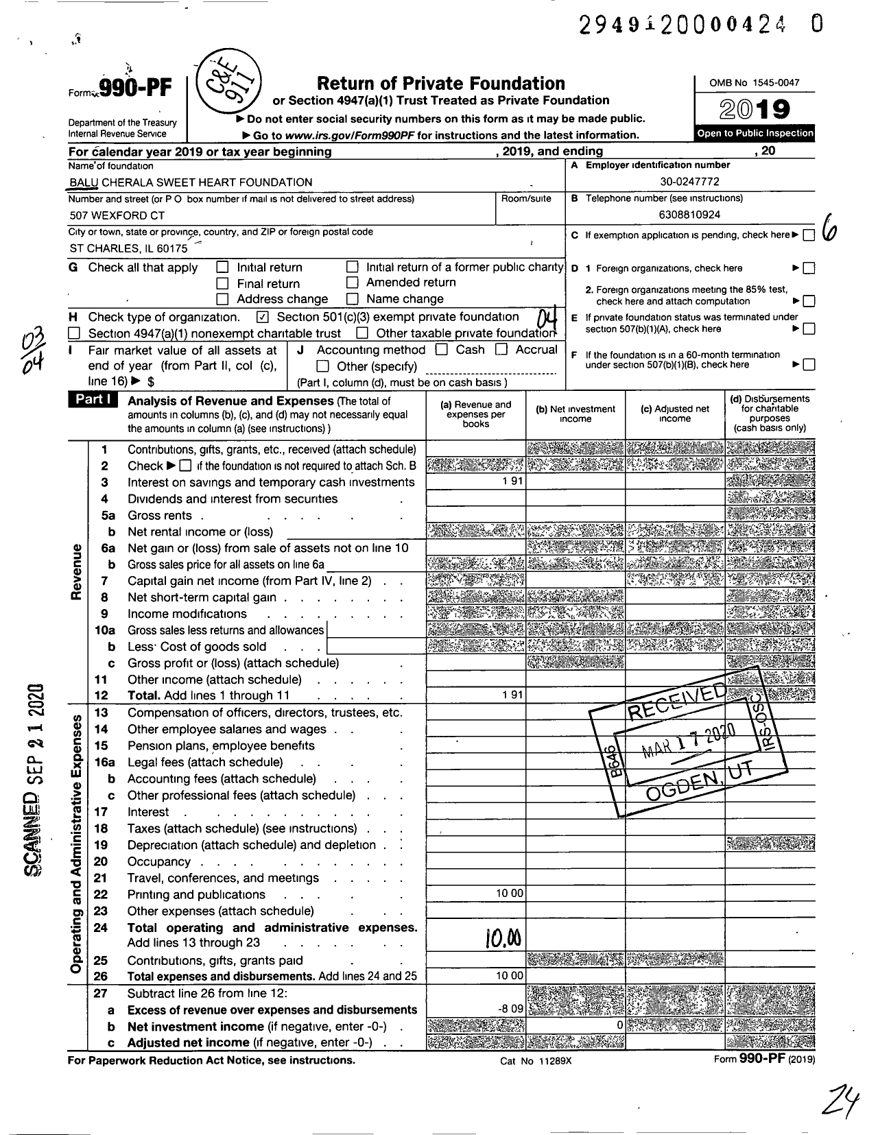 Image of first page of 2019 Form 990PR for Balu Cherala Sweet-Heart Foundation