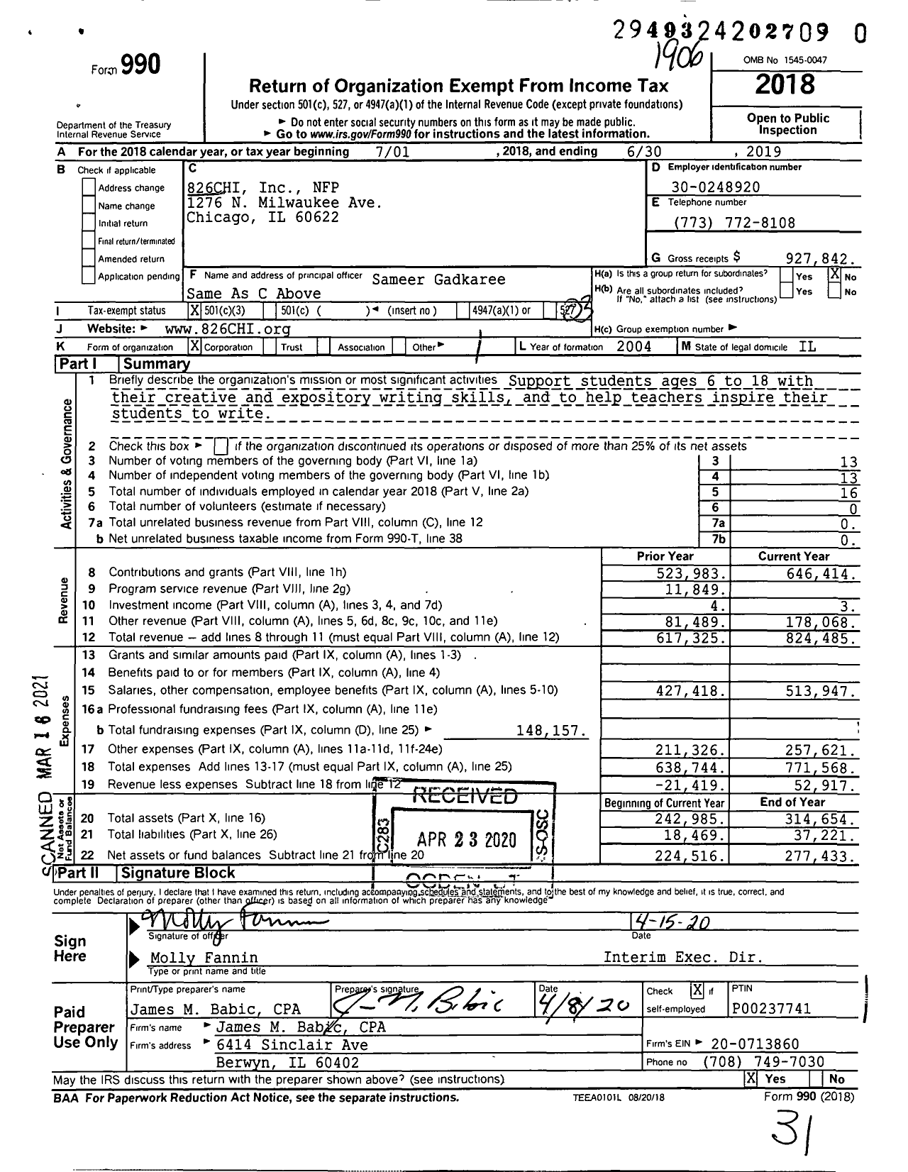 Image of first page of 2018 Form 990 for 826chi
