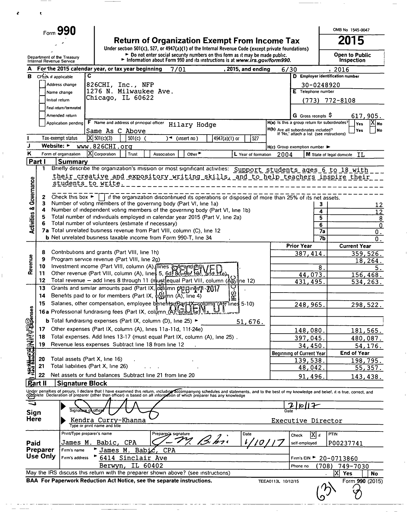 Image of first page of 2015 Form 990 for 826chi