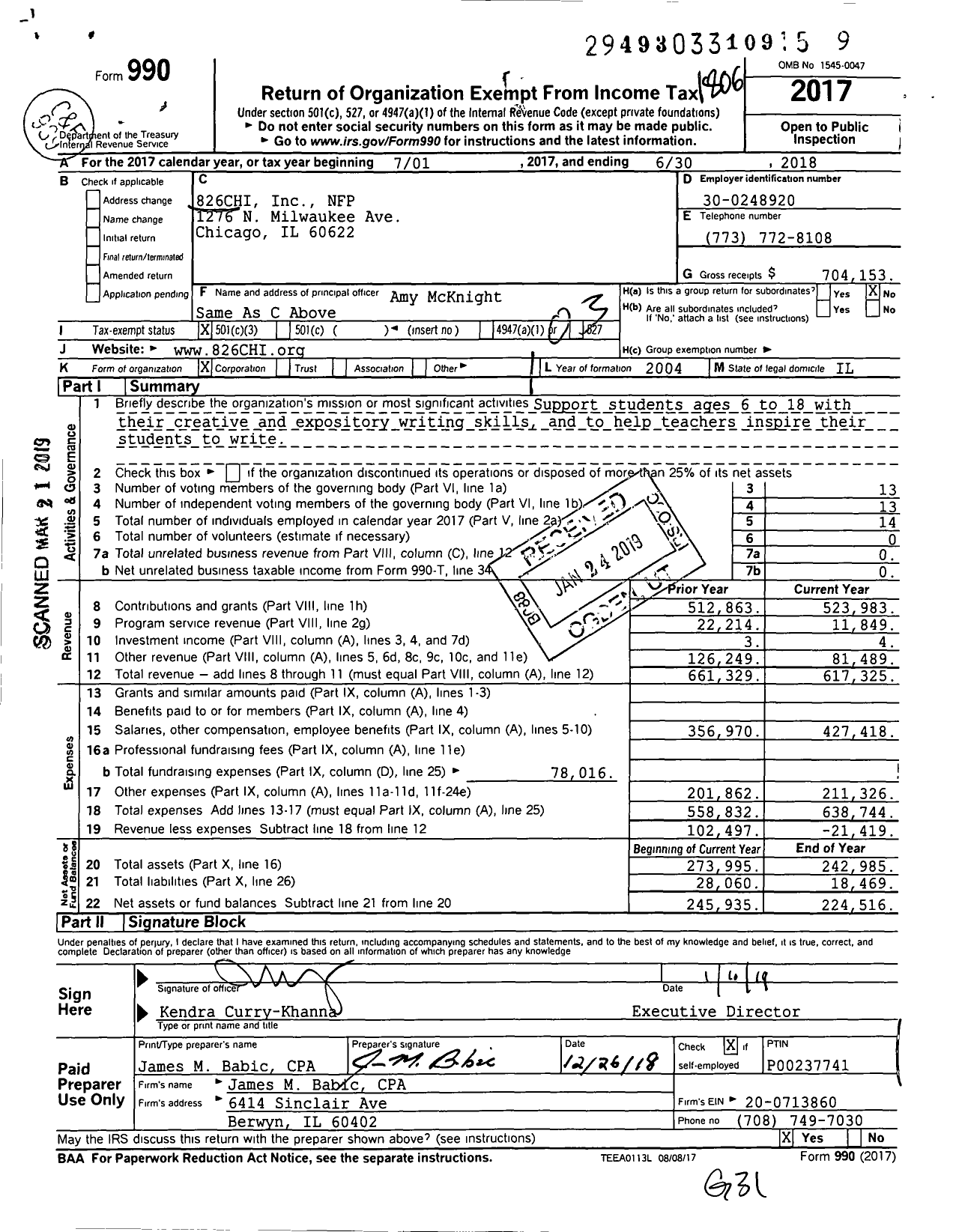 Image of first page of 2017 Form 990 for 826chi