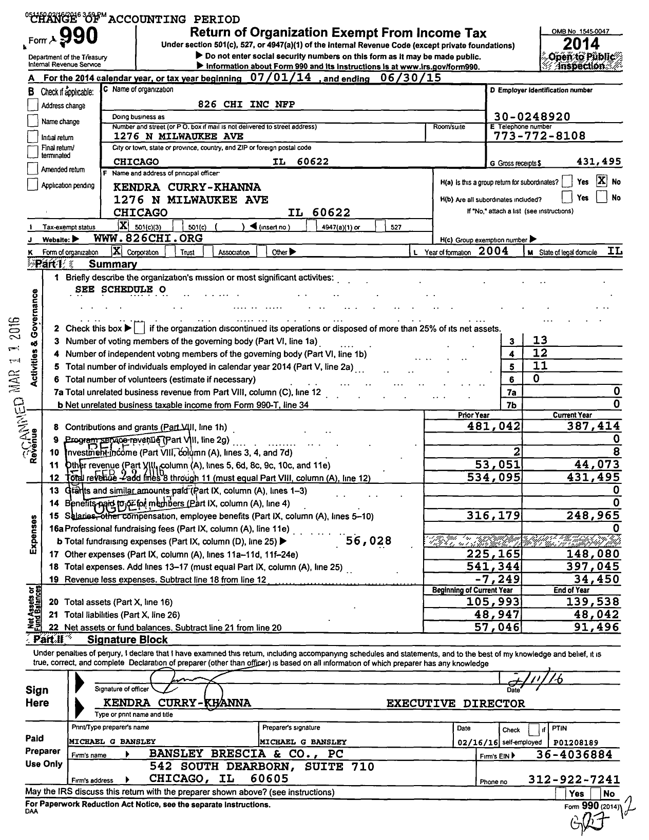 Image of first page of 2014 Form 990 for 826chi