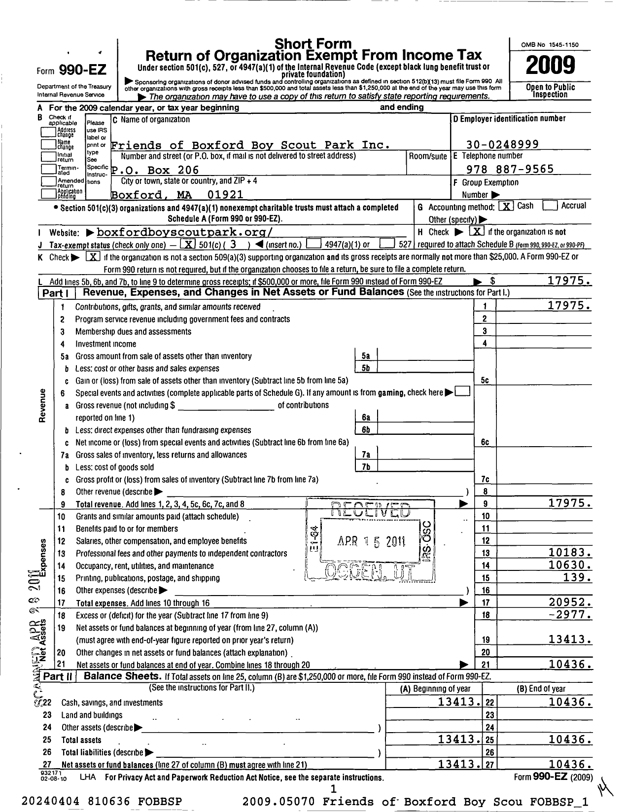 Image of first page of 2009 Form 990EZ for Friends of Boxford Boy Scout Park