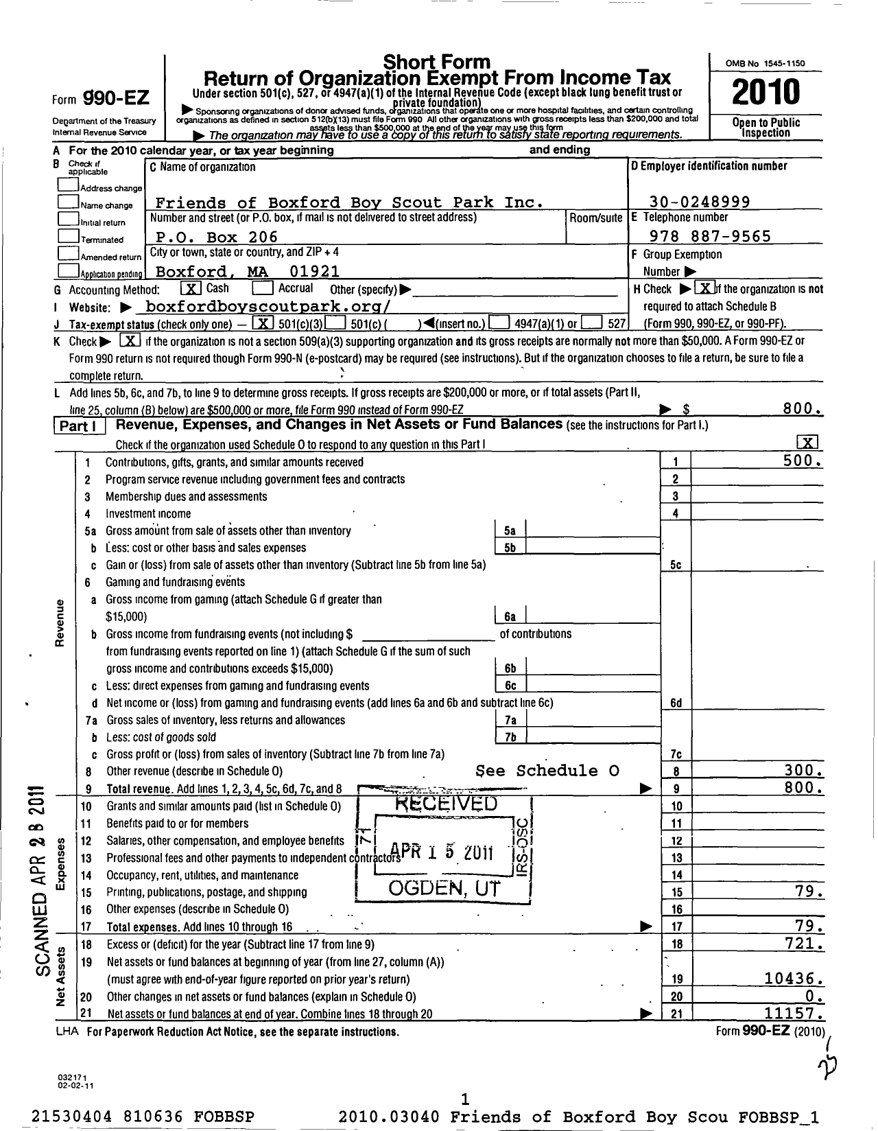 Image of first page of 2010 Form 990EZ for Friends of Boxford Boy Scout Park