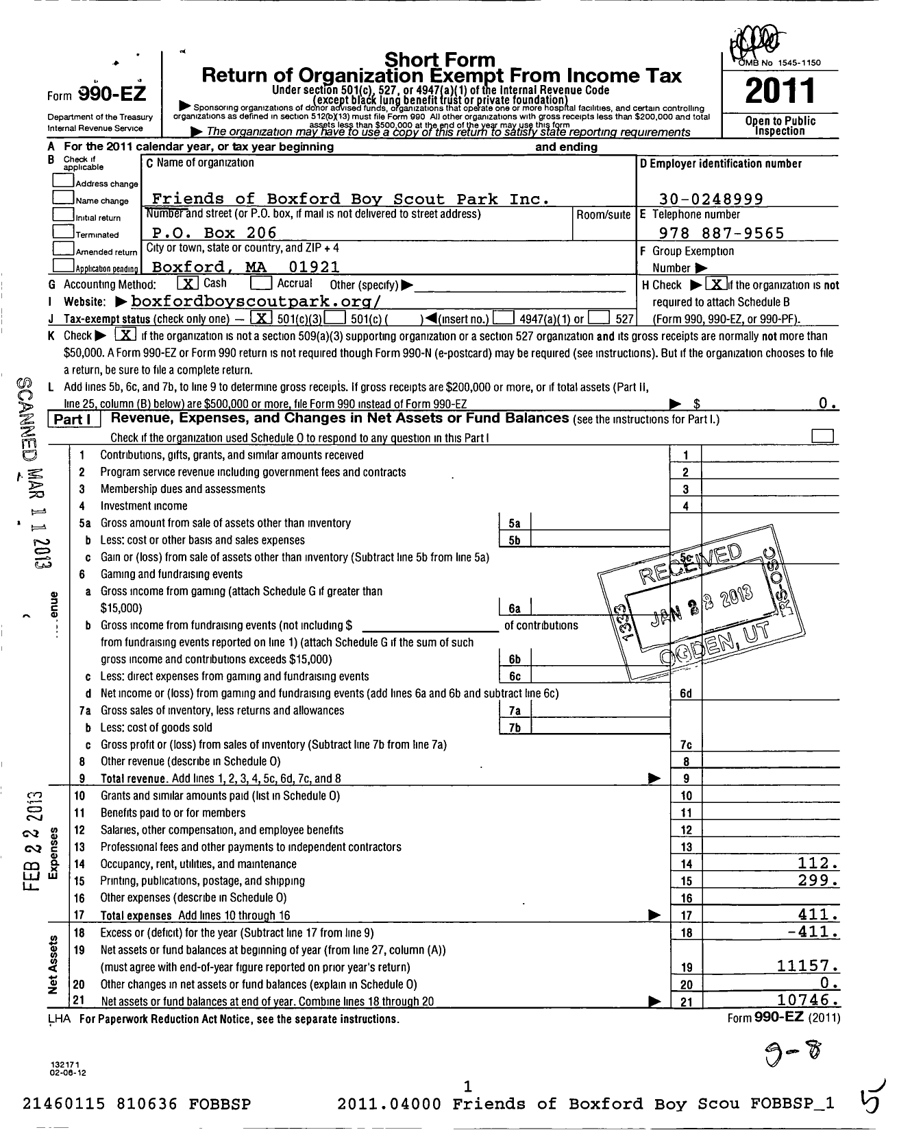 Image of first page of 2011 Form 990EZ for Friends of Boxford Boy Scout Park