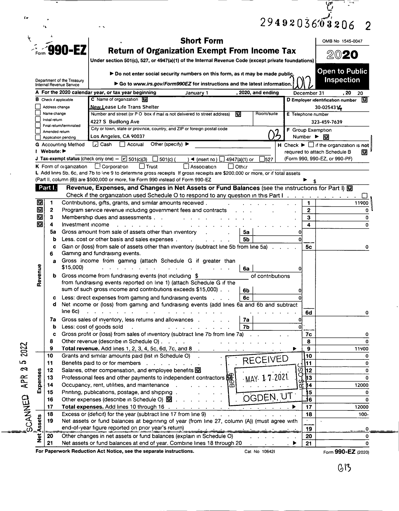 Image of first page of 2020 Form 990EZ for New Lease on Life Transitional Shelter