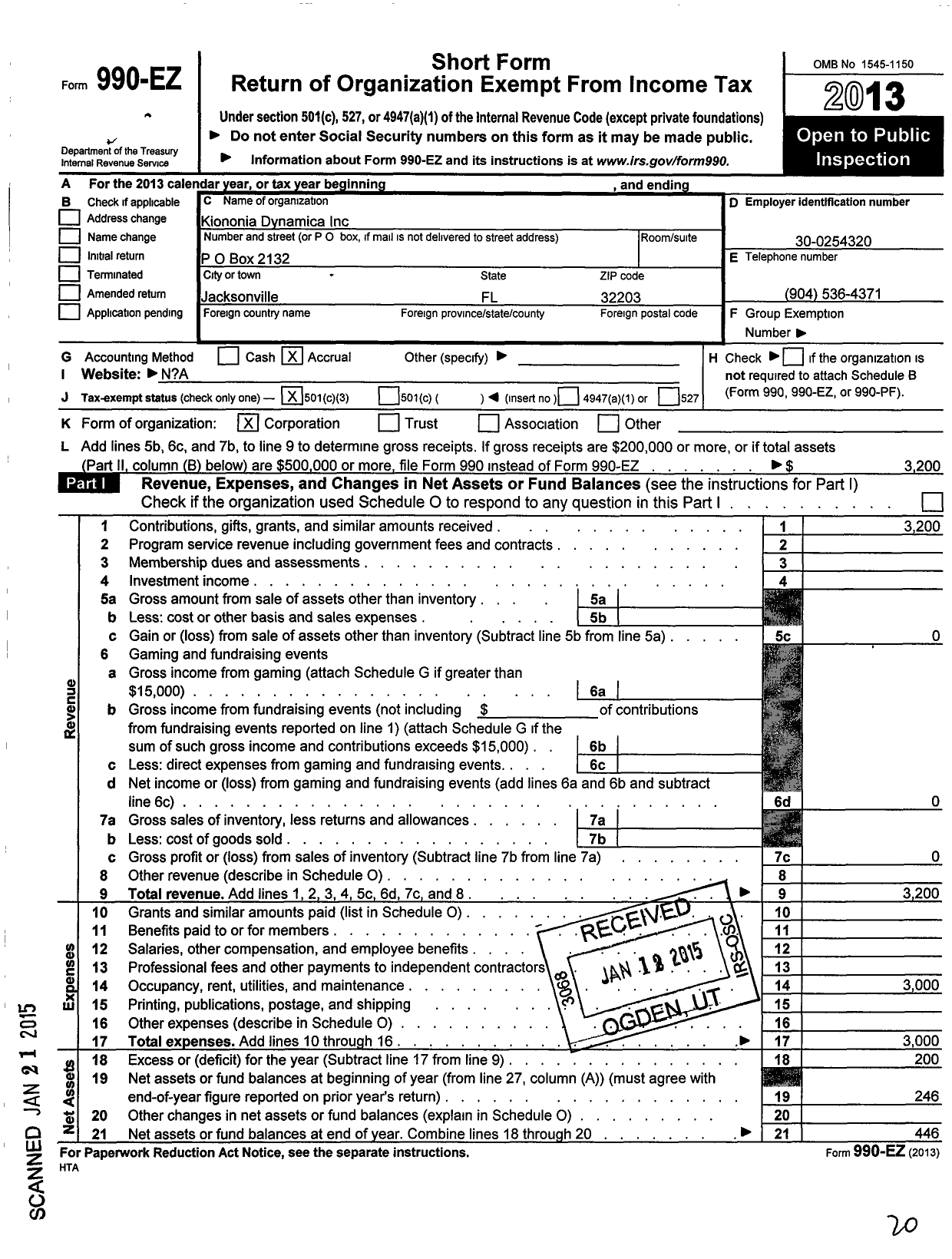 Image of first page of 2013 Form 990EZ for Kiononia Dynamics