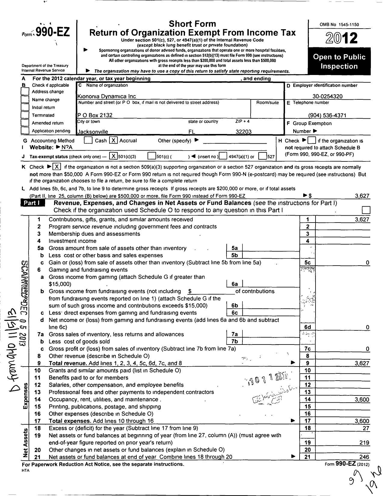 Image of first page of 2012 Form 990EZ for Kiononia Dynamics