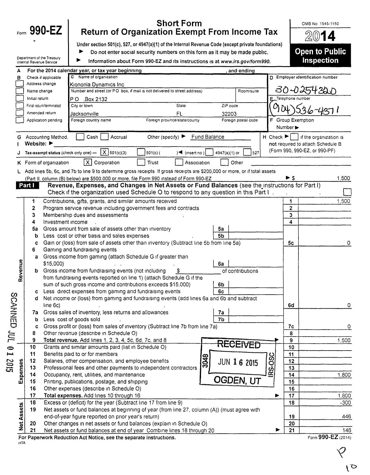 Image of first page of 2014 Form 990EZ for Kiononia Dynamics