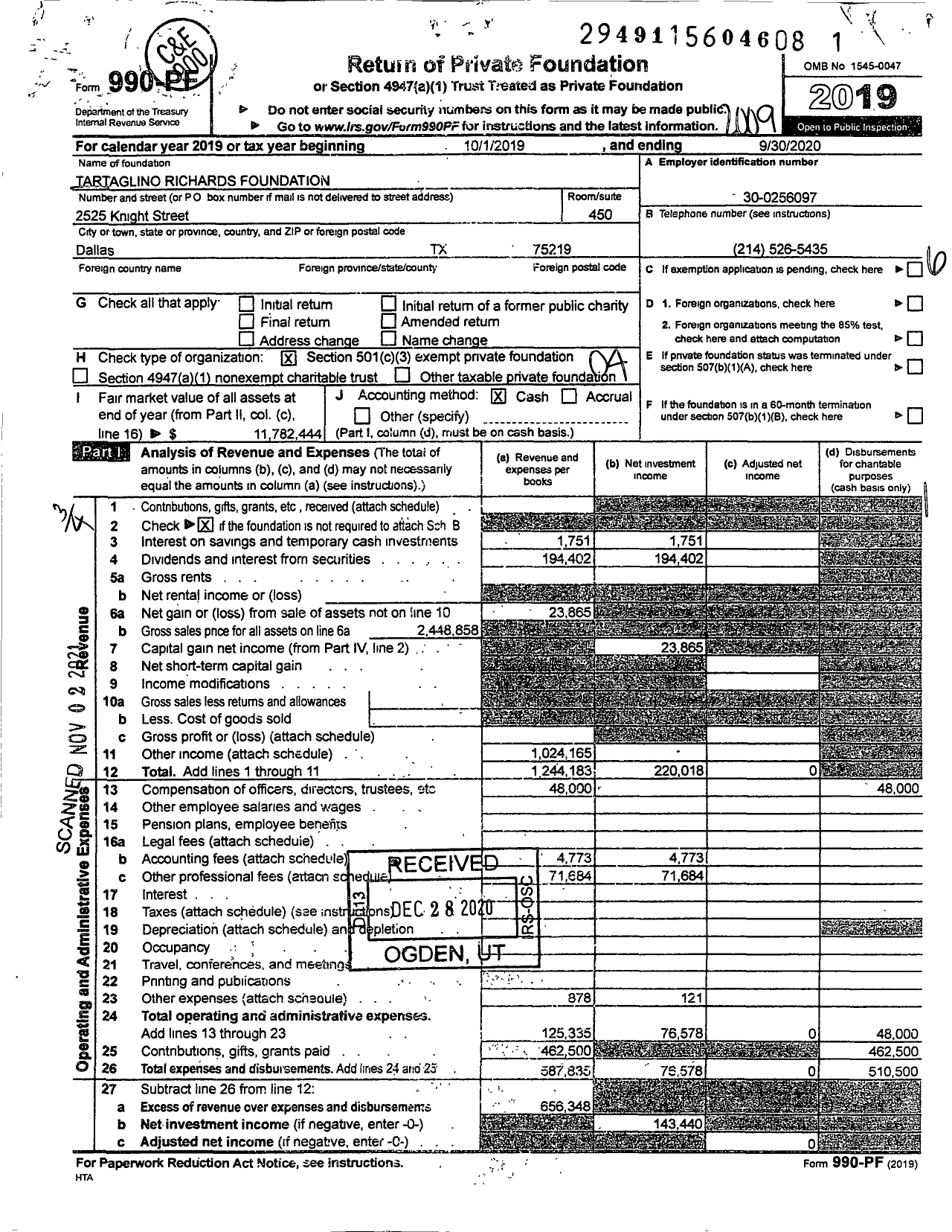 Image of first page of 2019 Form 990PF for Tartaglino Richards Foundation