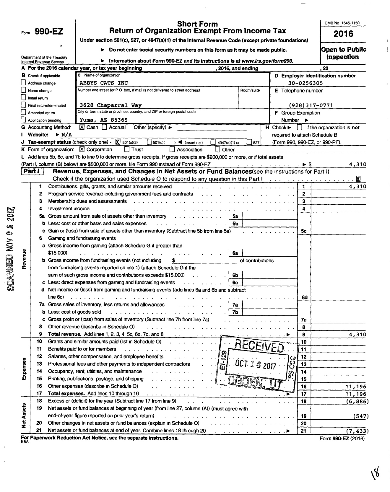 Image of first page of 2016 Form 990EZ for Abbys Cats