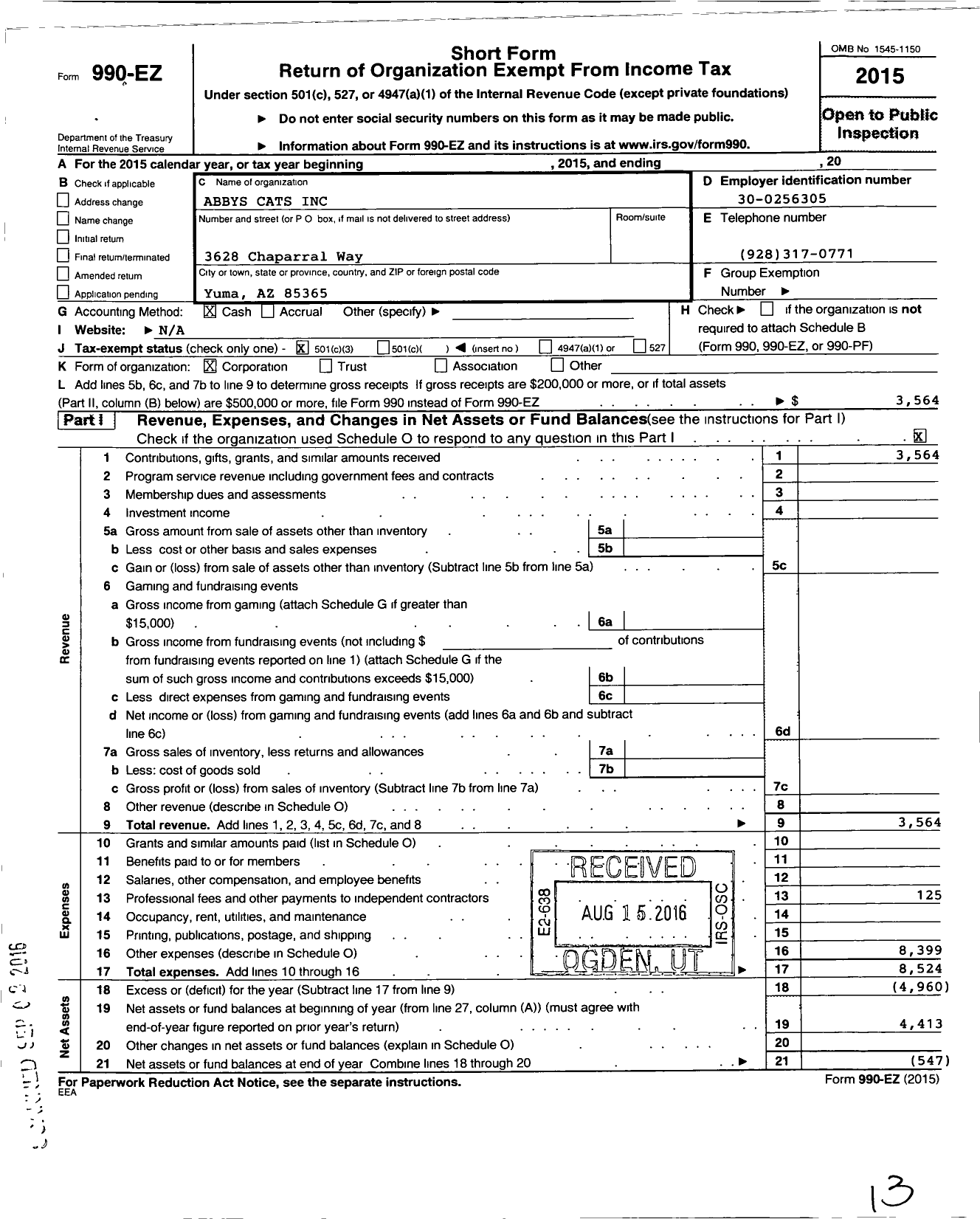 Image of first page of 2015 Form 990EZ for Abbys Cats