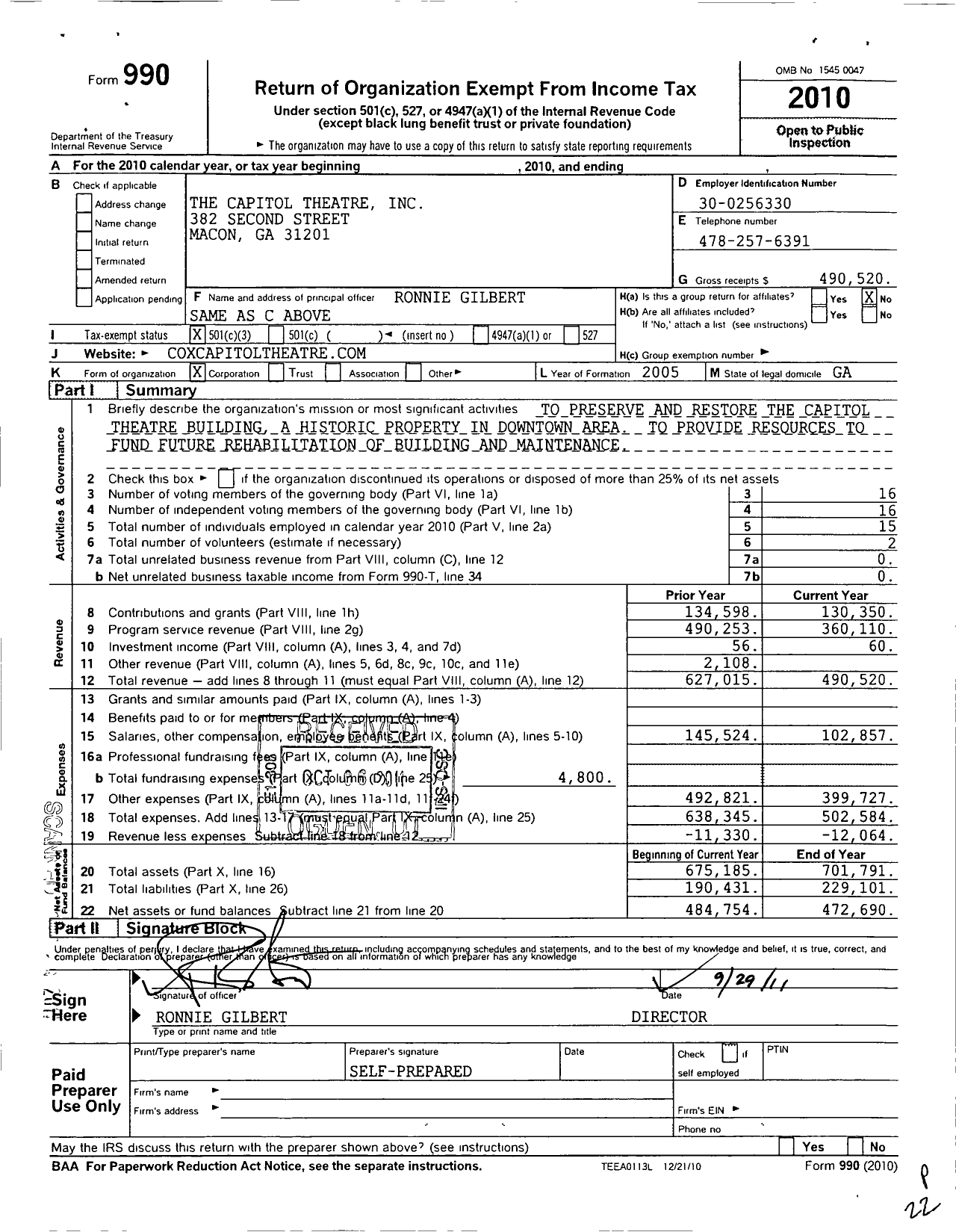 Image of first page of 2010 Form 990 for The Capitol Theatre