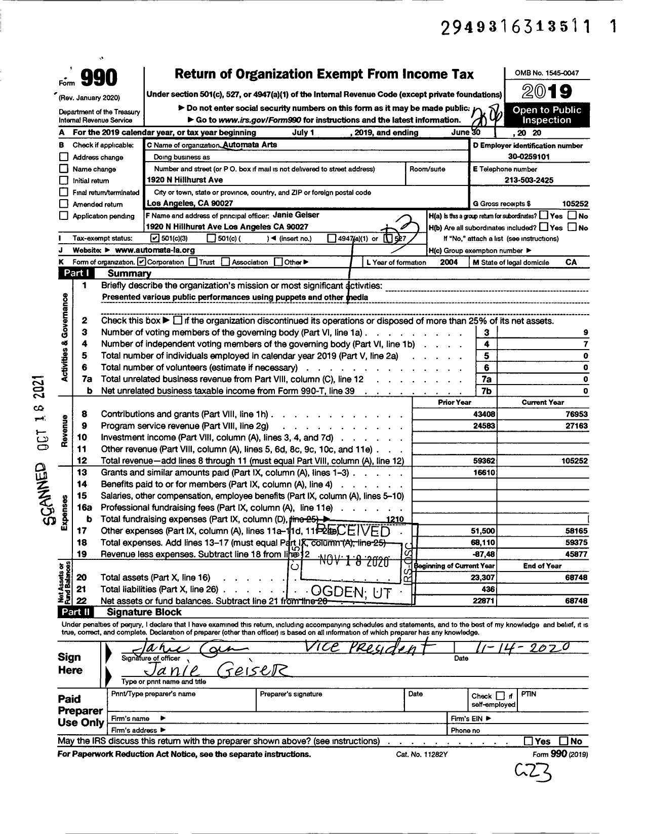 Image of first page of 2019 Form 990 for Automata Arts