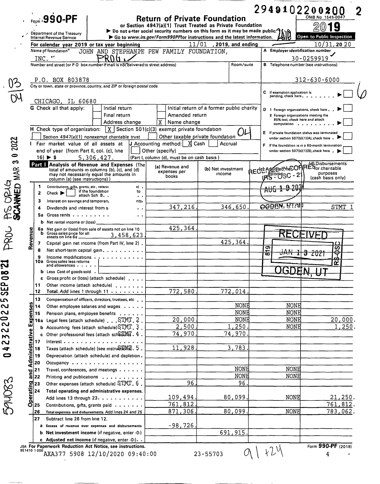 Image of first page of 2019 Form 990PF for John and Stephanie Pew Family Foundation