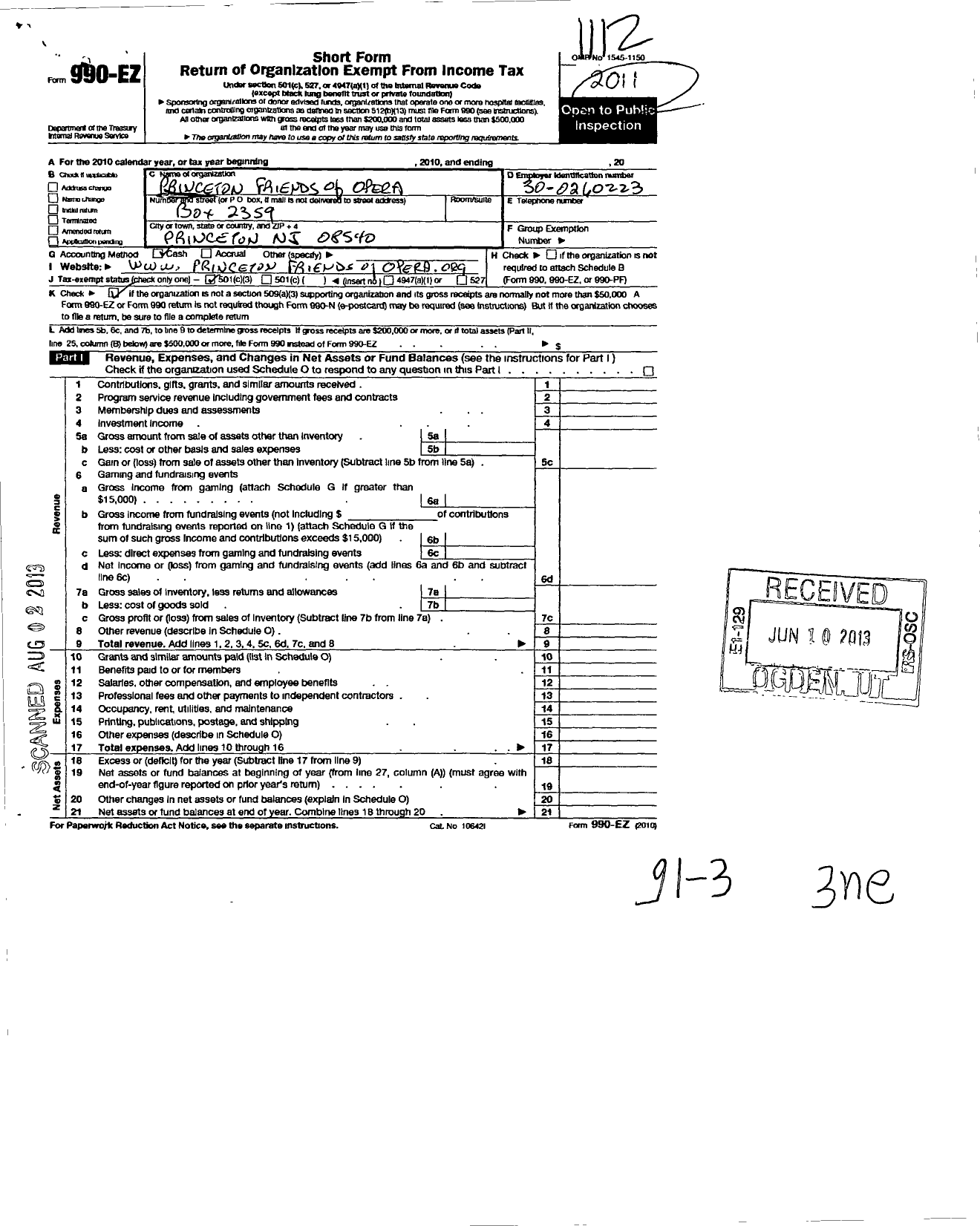 Image of first page of 2011 Form 990EZ for Princeton Friends of Opera A NJ Nonprofit Corporation