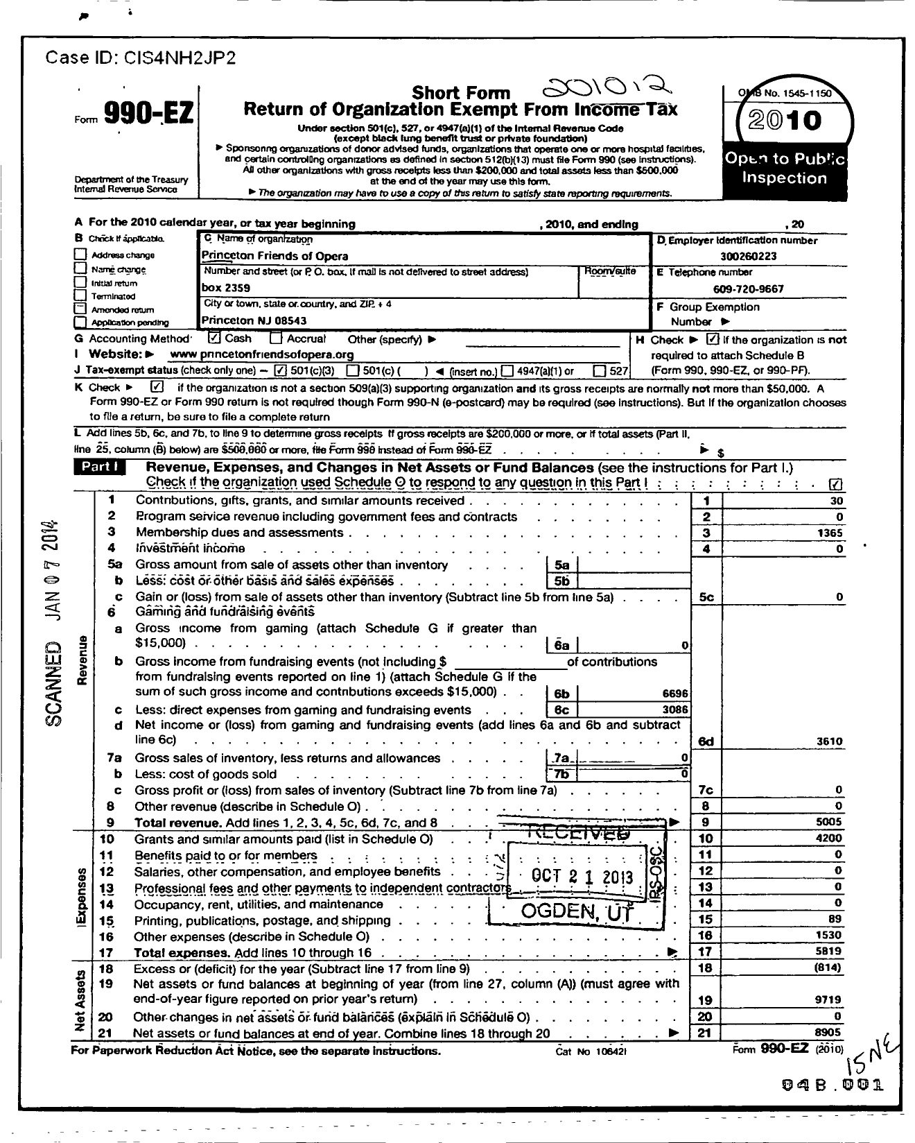 Image of first page of 2010 Form 990EZ for Princeton Friends of Opera A NJ Nonprofit Corporation