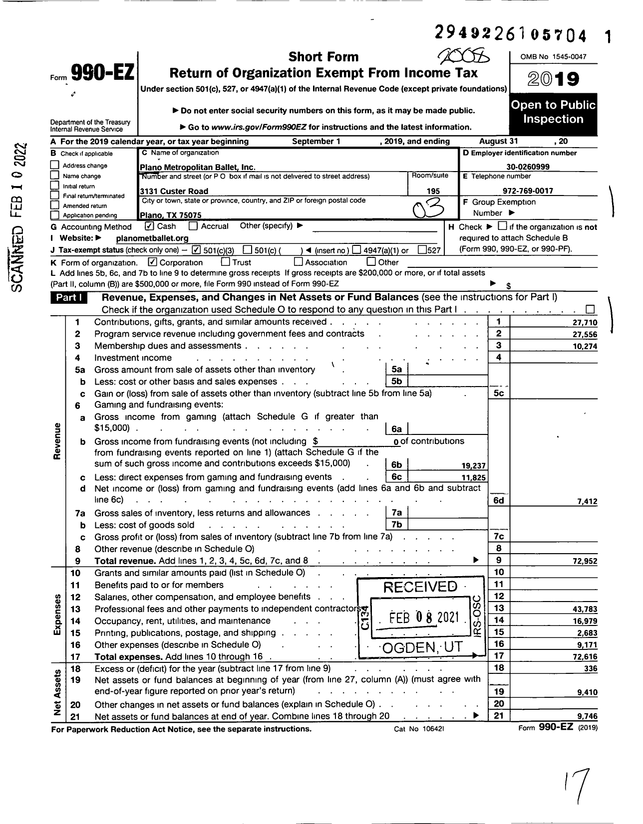 Image of first page of 2019 Form 990EZ for Plano Metropolitan Ballet