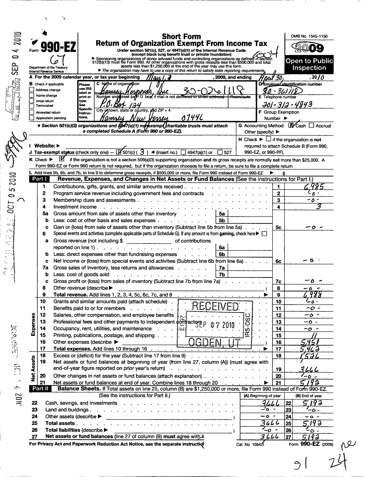 Image of first page of 2009 Form 990EZ for Ramsey Responds